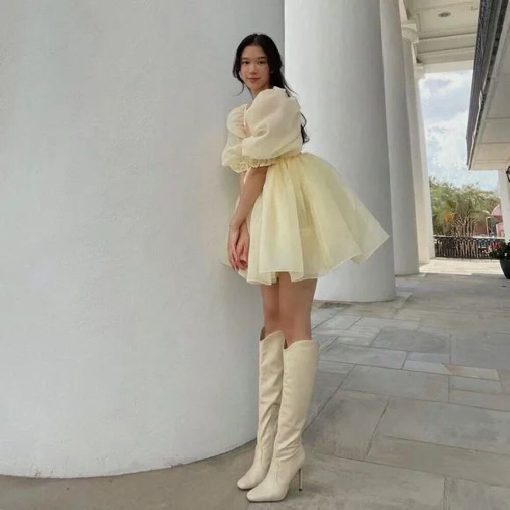 Selkie Pale Yellow Puff Sleeve Mini Dress
